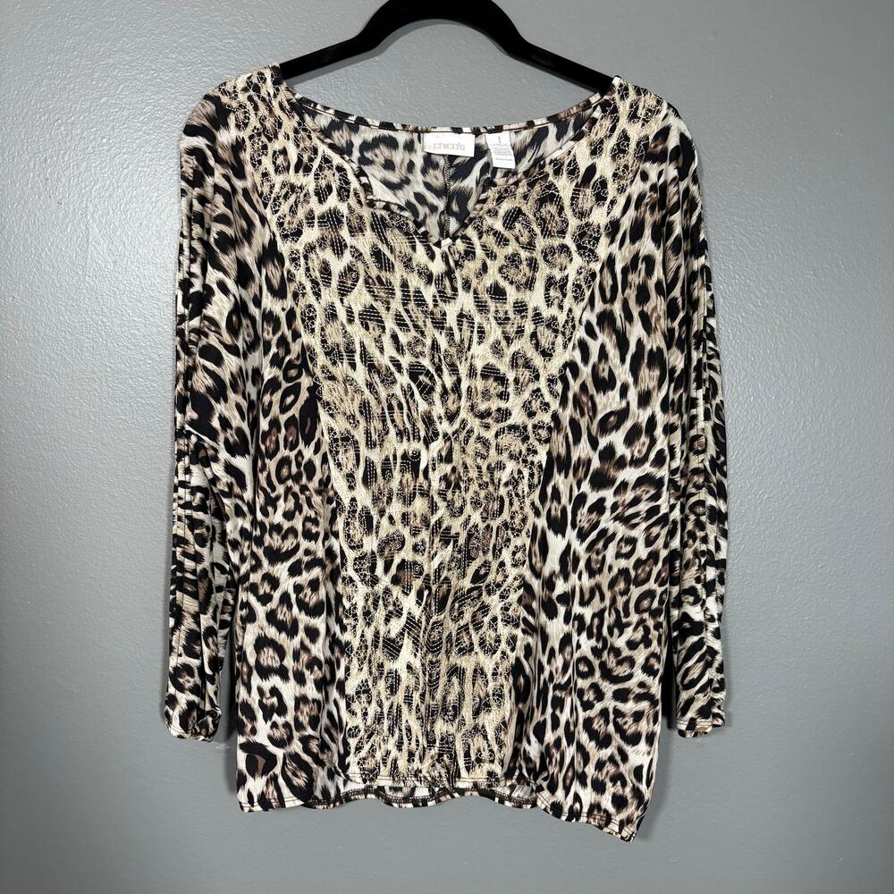 Chico's Leopard Print Embroidered Front Top - Size 1 (Medium) - Women's Boho